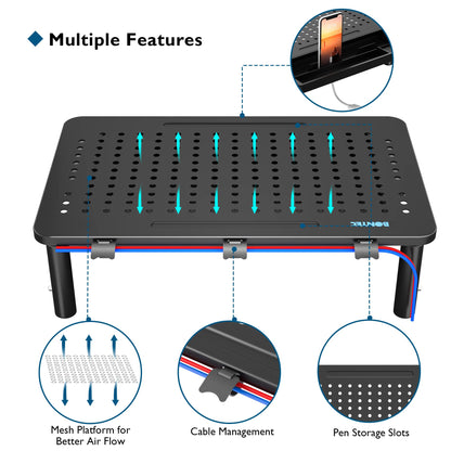 BONTEC Monitor Stand with Drawer, 3 Height Adjustable Monitor Riser for Desk with Mesh Platform for Monitor, Laptop, Computer, iMac, Printer up to 20 kg, Cable Ties Included