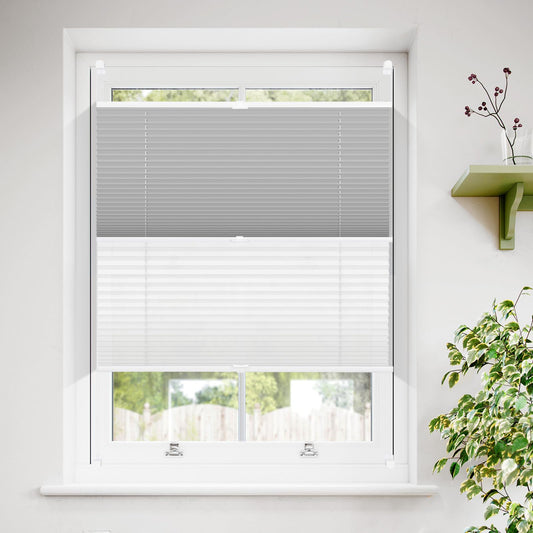 Sanfree Day Night Pleated Shade without drilling Darkening Clamp Fix Pleated Shades White-Grey 65x90cm (WxH) Darkening pleated shade Thermo Pleated Shades Clamp Roller Blinds 100% Blackout Roller Blinds for Windows & Doors