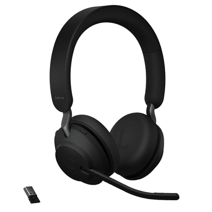 Jabra Evolve2 65 is a wireless PC headset with a charging stand. It has noise-canceling, Microsoft Teams certification, stereo sound, and a long-lasting battery. The set includes a USB-A Bluetooth adapter. Available in black.