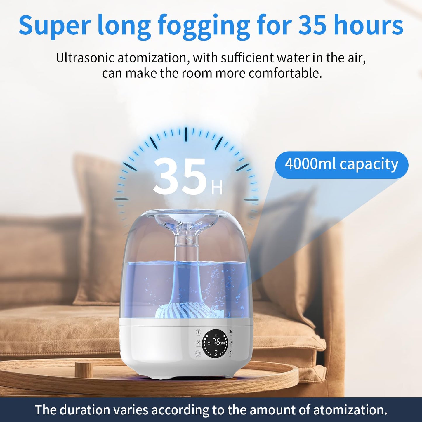 4L top fill humidifier bedroom, 28dB 35H room humidifier with 360° rotatable nozzle, remote control, timer, RGB color night light humidifier for nursery, office, baby.