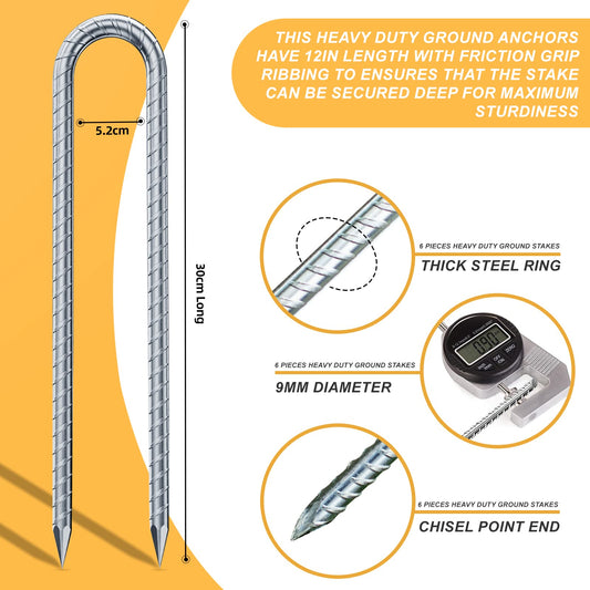 Ground anchor for trampoline, heavy duty metal 32cm ground stakes with U-shape design, galvanized steel pegs with chisel tip end, perfect for securing tents and trampolines (6 Pack, Silver U-shaped).