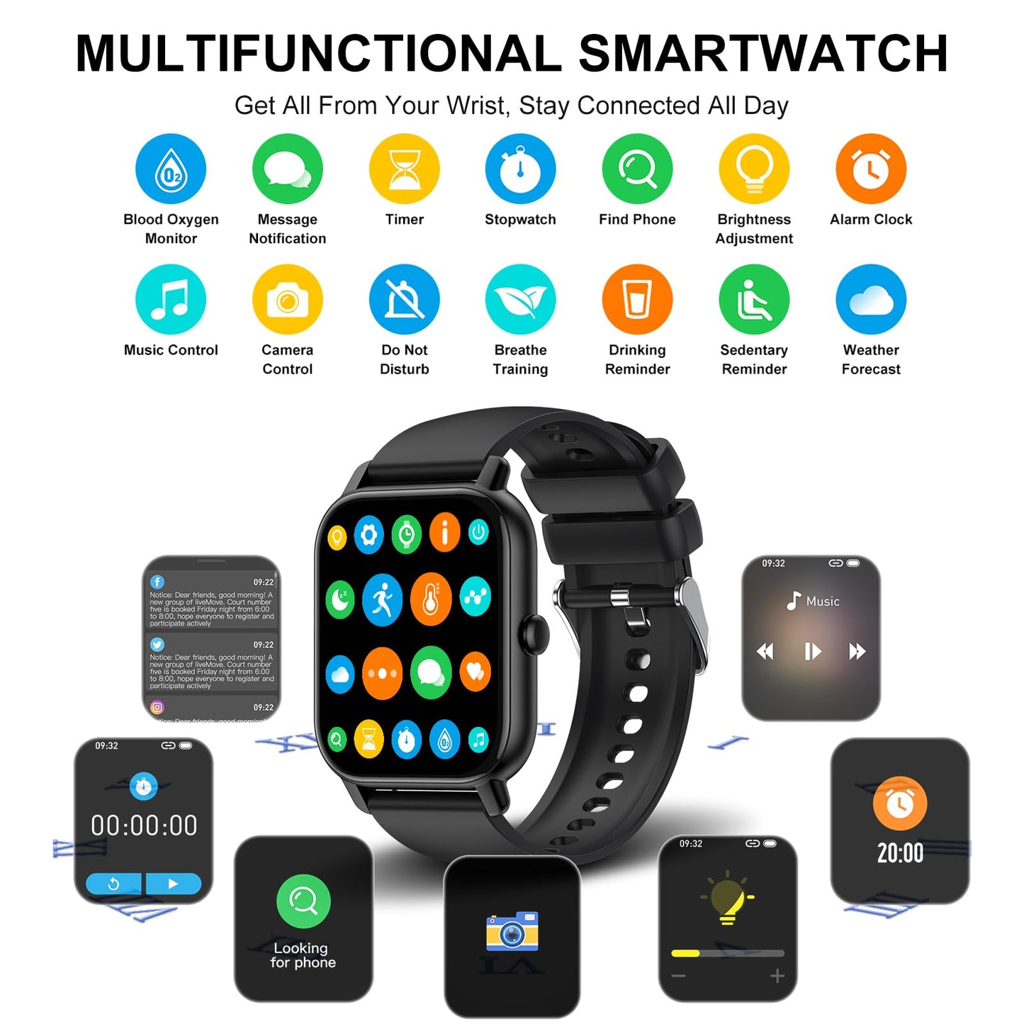 Smartwatch for women men, 1.85 inch touchscreen smart watch with Bluetooth calls, IP68 waterproof fitness tracker with heart rate monitor sleep monitor pedometer, sports watch for iOS Android