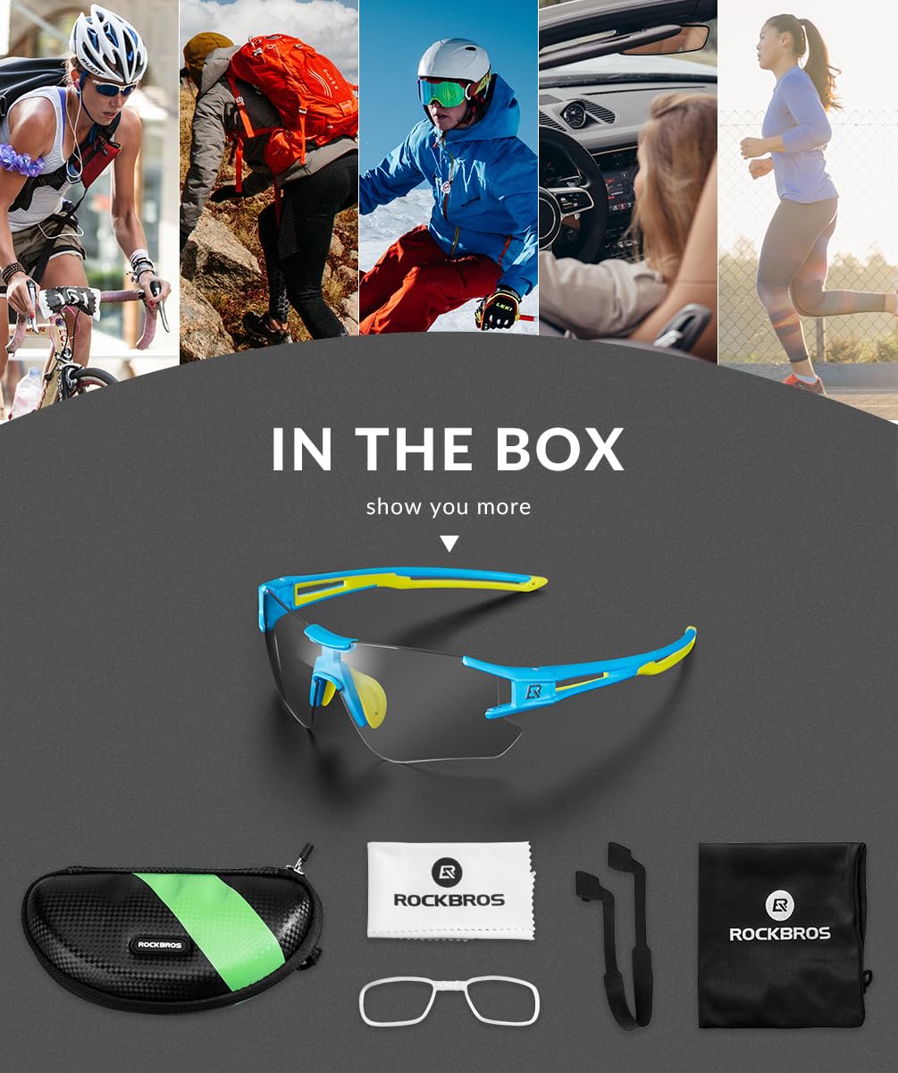 RockBros sunglasses, photochromic, men, bike, cycling, half frame, polarized, sports, mountain biking, fishing, running.