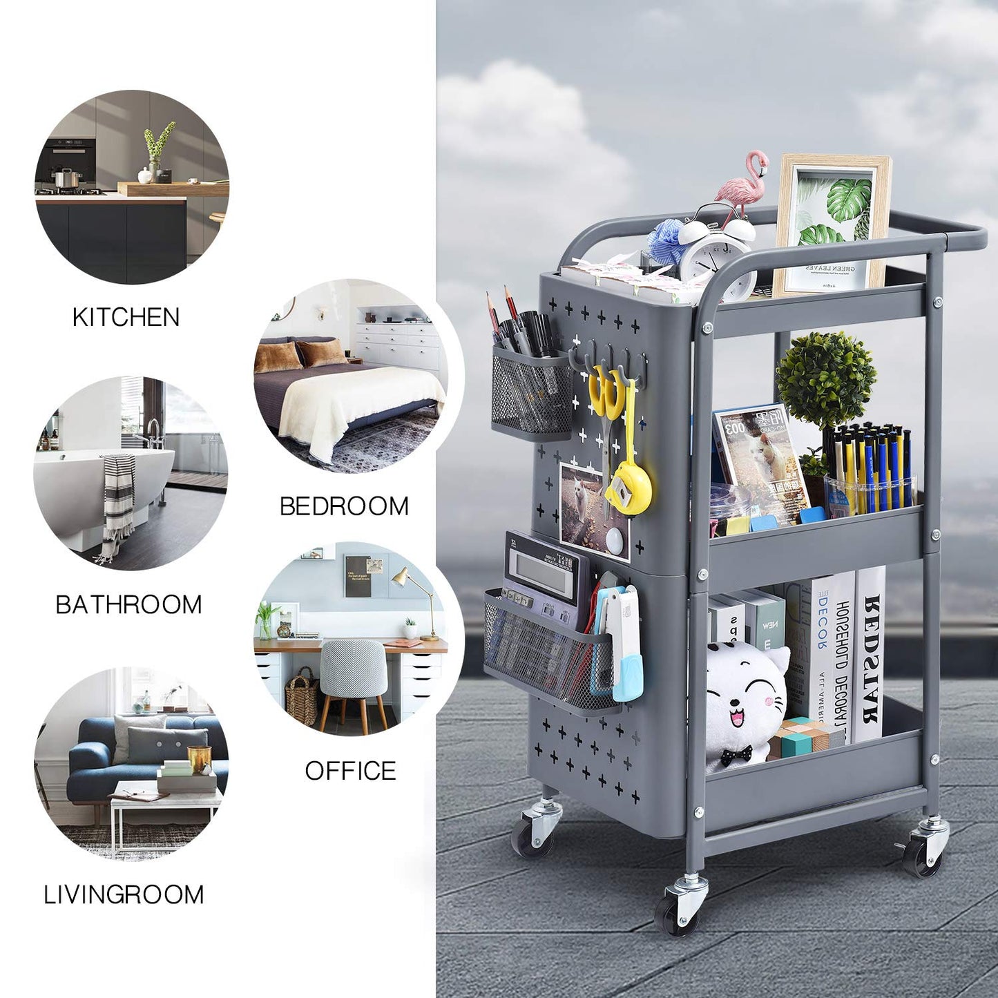 Kingrack rolling cart, 3-tier metal rolling cart, slim kitchen cart, multipurpose cart for kitchen cosmetics, shelf cart with perforated plate, wheels, hooks, baskets, handles, locking casters, serving cart for office, garages.