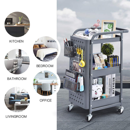 Kingrack rolling cart, 3-tier metal rolling cart, slim kitchen cart, multipurpose cart for kitchen cosmetics, shelf cart with perforated plate, wheels, hooks, baskets, handles, locking casters, serving cart for office, garages.
