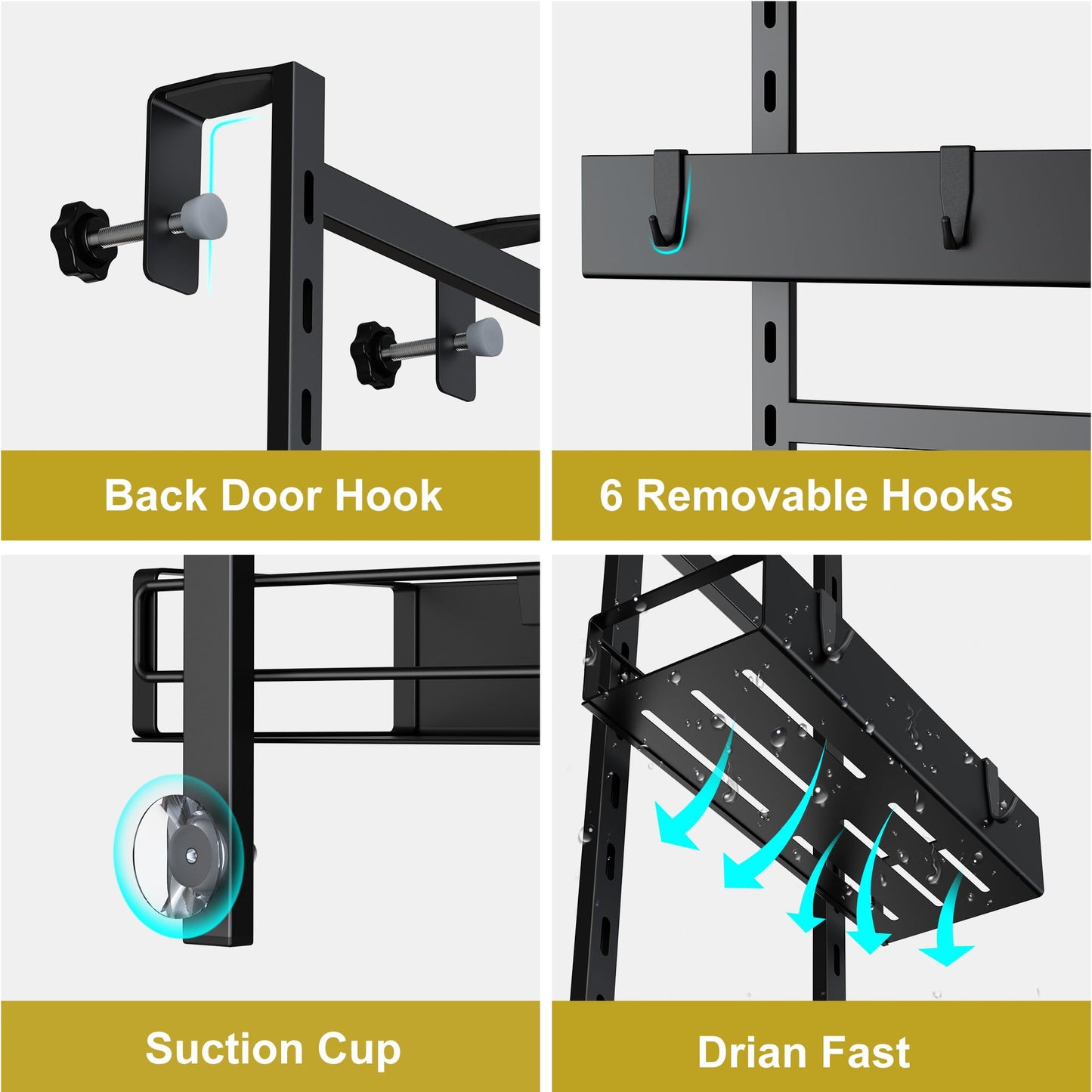Orimade hanging shower caddy with hooks, adjustable shower shelf without drilling, 4 piece hanging shower basket for frameless glass door black.