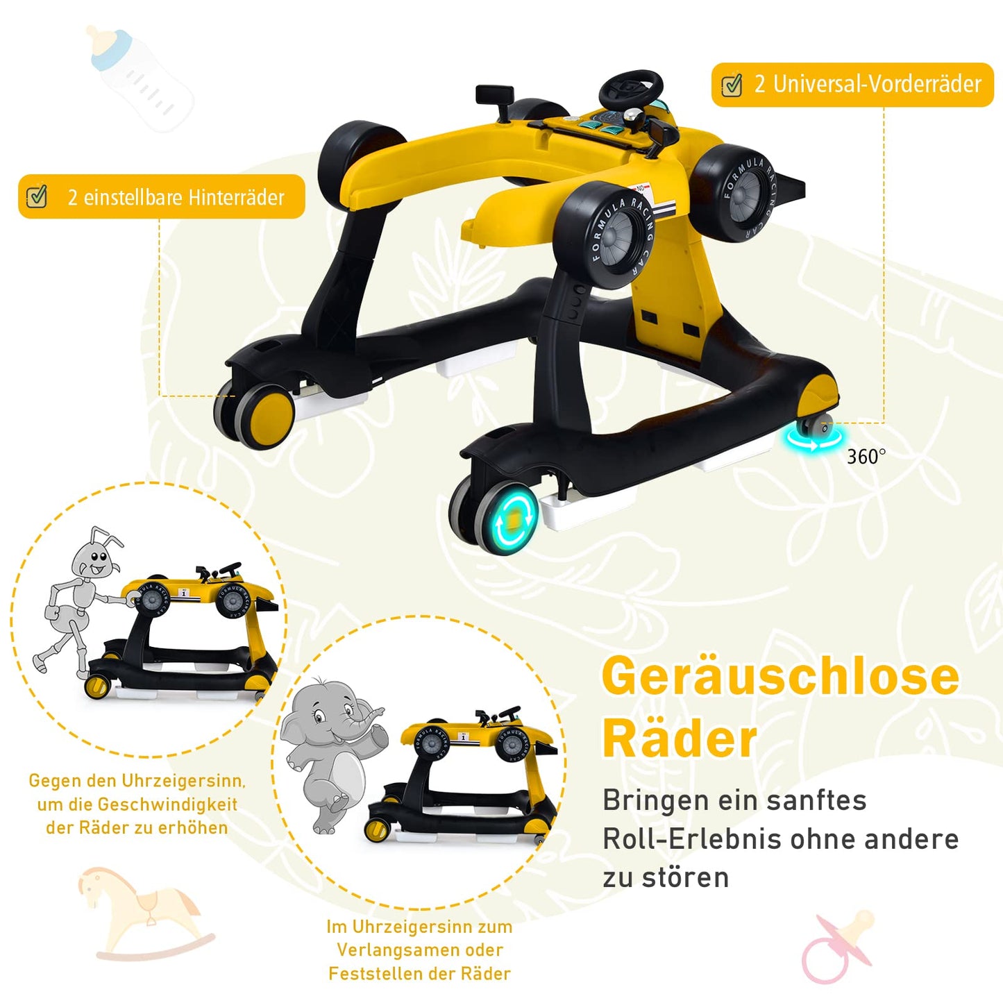 COSTWAY 4 in 1 baby walker, foldable with adjustable height & speed, car-shaped design with music box, lights & wheels, suitable for babies from 6 months, can hold up to 12kg weight (yellow)