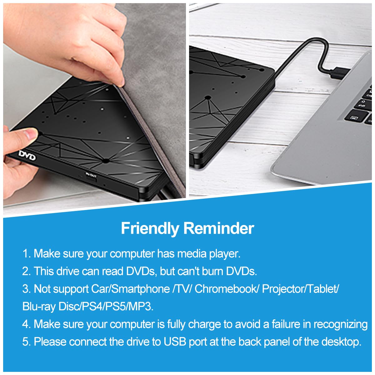 External USB 3.0 DVD Drive for Laptop PC Computer, Portable External DVD Drive CD-ROM Burner with low noise for Windows 11/10/7/8/XP Mac MacBook.