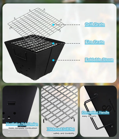 Snowpea - Portable campfire, Foldable, Outdoor fire pit with carrying bag, Iron fire bowl for picnics, campfires, patio - Includes grill grate.