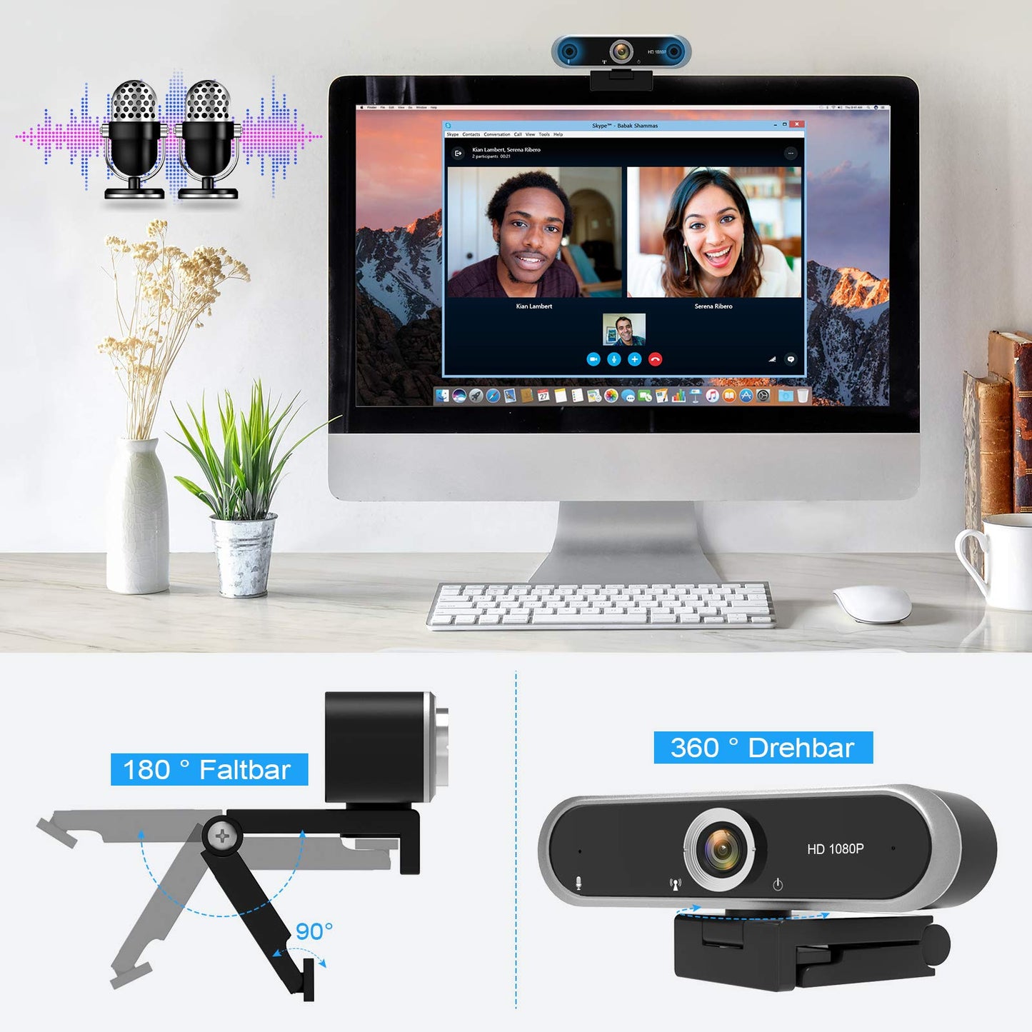 1080P webcam with microphone and webcam cover, tripod, plug & play, with automatic light correction, for laptop, PC, desktop, for live streaming, video calling, conference.