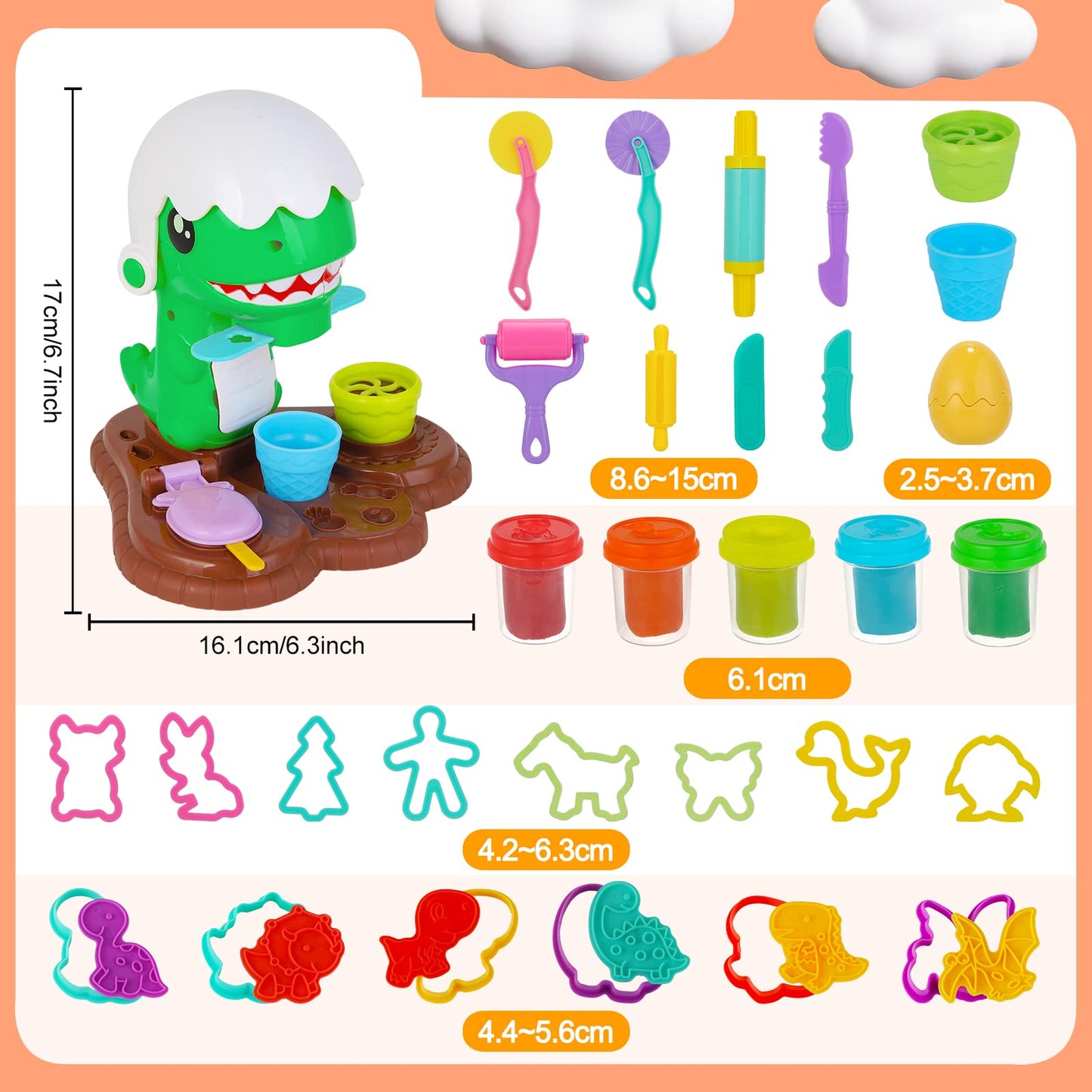 Herefun dough accessories set, Kitchen Creations dough tools for kids with 5 dough, kids' dough with accessories, Dinosaur Kitchen Dough Set for kids 4+ years old Christmas Birthday Gift