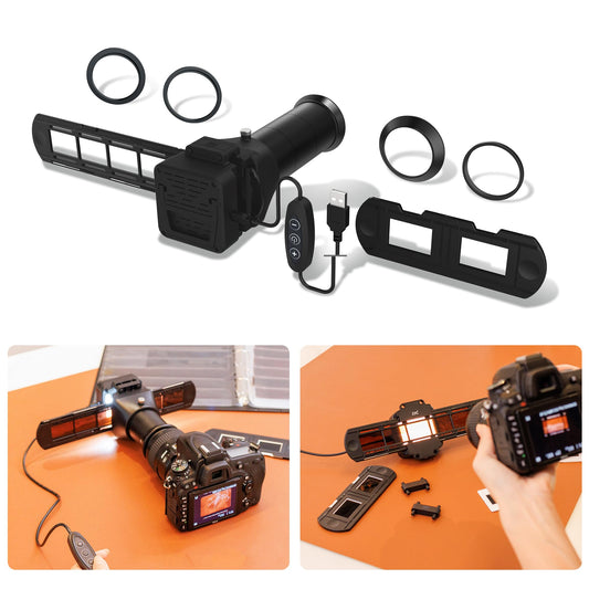 JJC ES-2 film digitization adapter with 6500 K USB LED lighting set, negative film copy scanner. Convert 35mm negatives to digital JPEG.