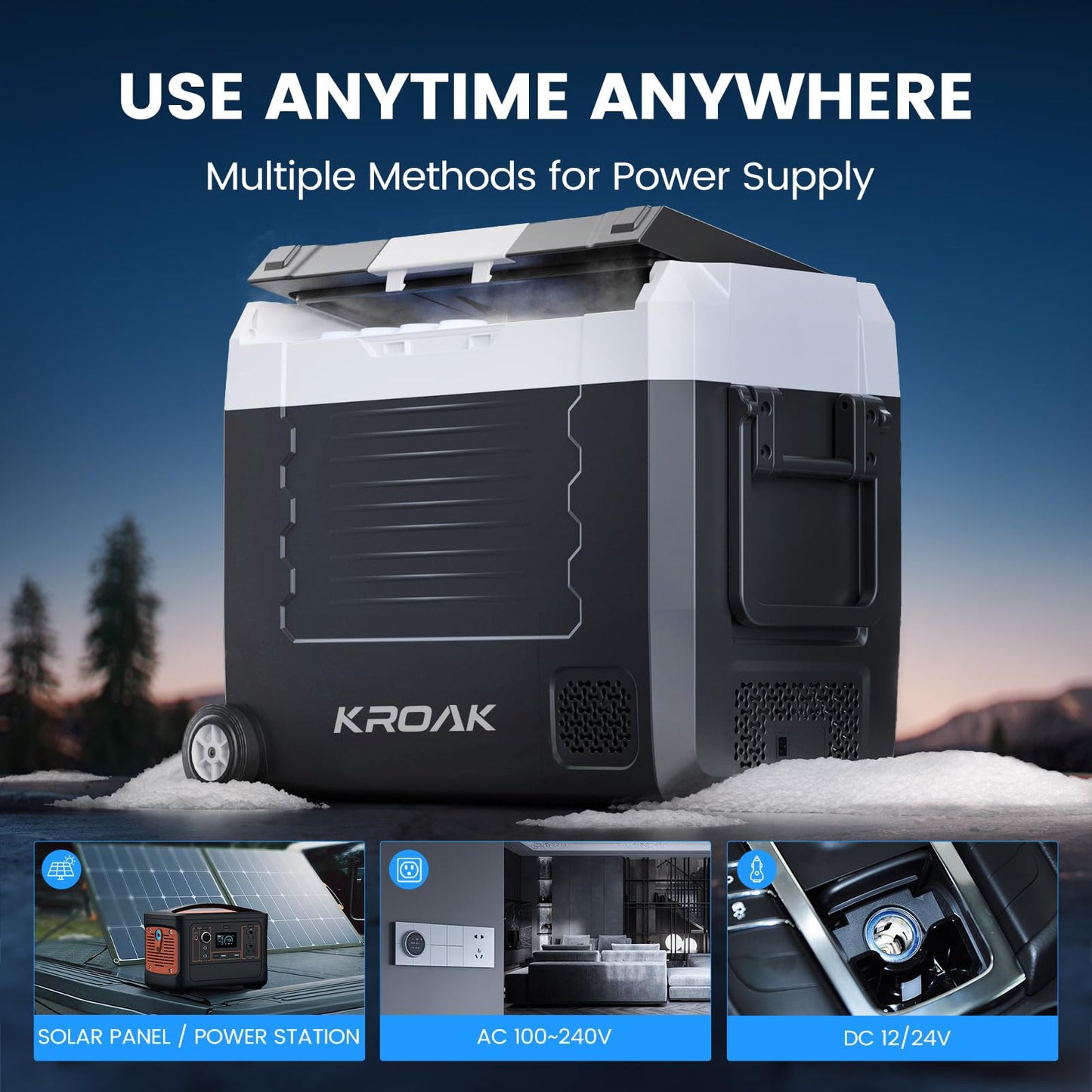 KROAK 55L Portable Compressor Cooler with Cutting Board, Electric Car Cooler Dual-Zone (-20°C to +20°C), 12V/24V/230V, Wheels & Divider - for Camping, Car, Truck, RV