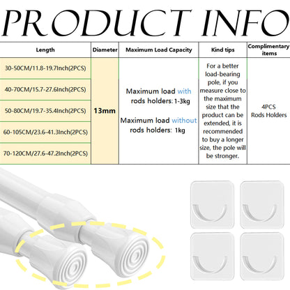 2 pieces clamp rod for curtains, telescopic rod for clamping, tension rod without drilling extendable curtain rod for bookshelf bedrooms DIY shelf - White, 60-105CM (13mm diameter)