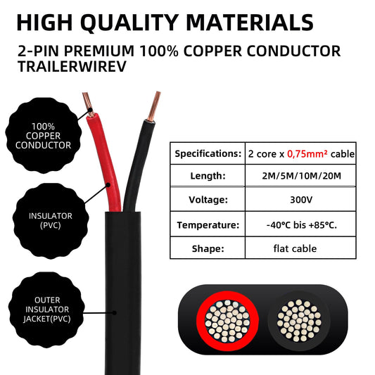 Qiping 2 Core Flat Vehicle Wiring Cable 20m, 12V 24V 2 Core Trailer Cable LED Taillight Wiring with Cable Cross-section 2X 0.75mm² For Trailers Car Truck RV