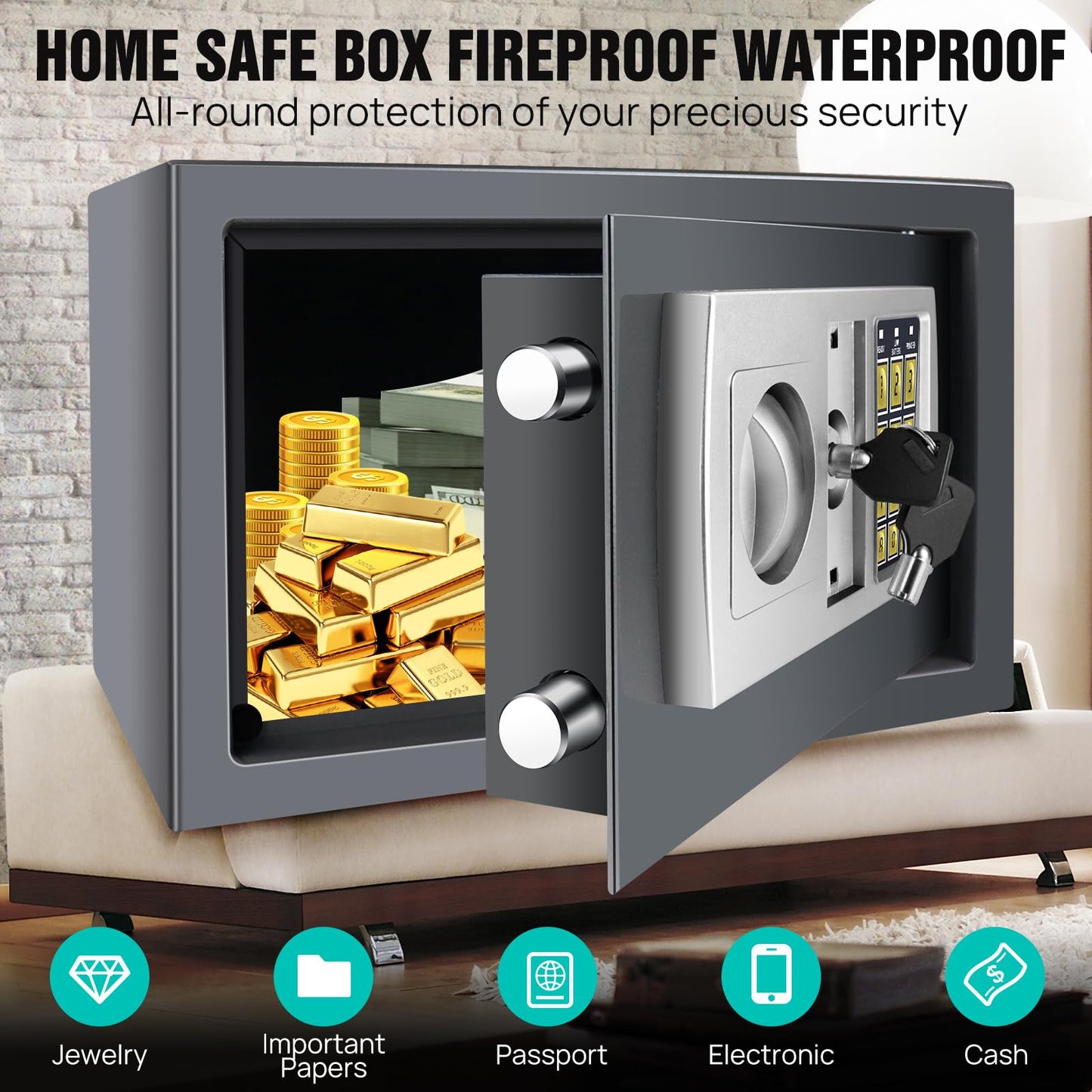 Safe fireproof waterproof safe with combination lock and 2 keys. Made of steel, wall safe for home, office, school, hotel. Dimensions 31x20x20cm, 8.5L capacity. Color: Gray.
