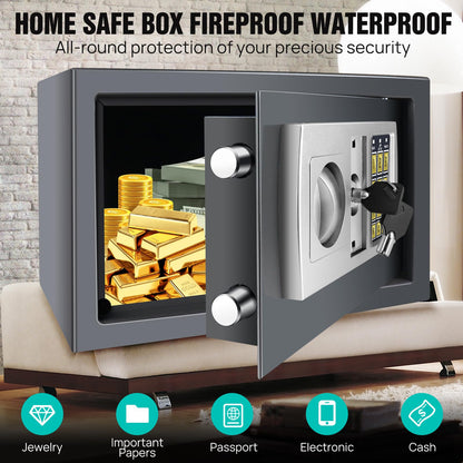Safe fireproof waterproof safe with combination lock and 2 keys. Made of steel, wall safe for home, office, school, hotel. Dimensions 31x20x20cm, 8.5L capacity. Color: Gray.