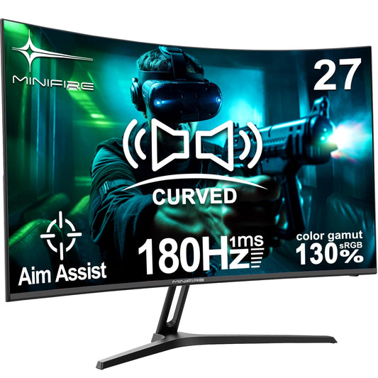 Minifire 27-inch Gaming Monitor, 180Hz, Curved Gaming Monitor, Speakers, 1500R, 1ms, sRGB130%, FHD 1080P Computer Screen, VESA compatible, Eye Care Adaptive Sync HDMI & DP Ports (MFG27C1)