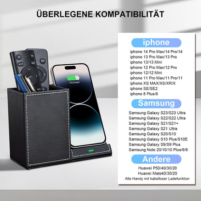 LADSTAG pen holder desk organizer with inductive charging station, office supplies 10W wireless charger for iPhone 14 13 12 11 Pro Max and Samsung Galaxy S23/S22/S21/S20/S9 (Black)