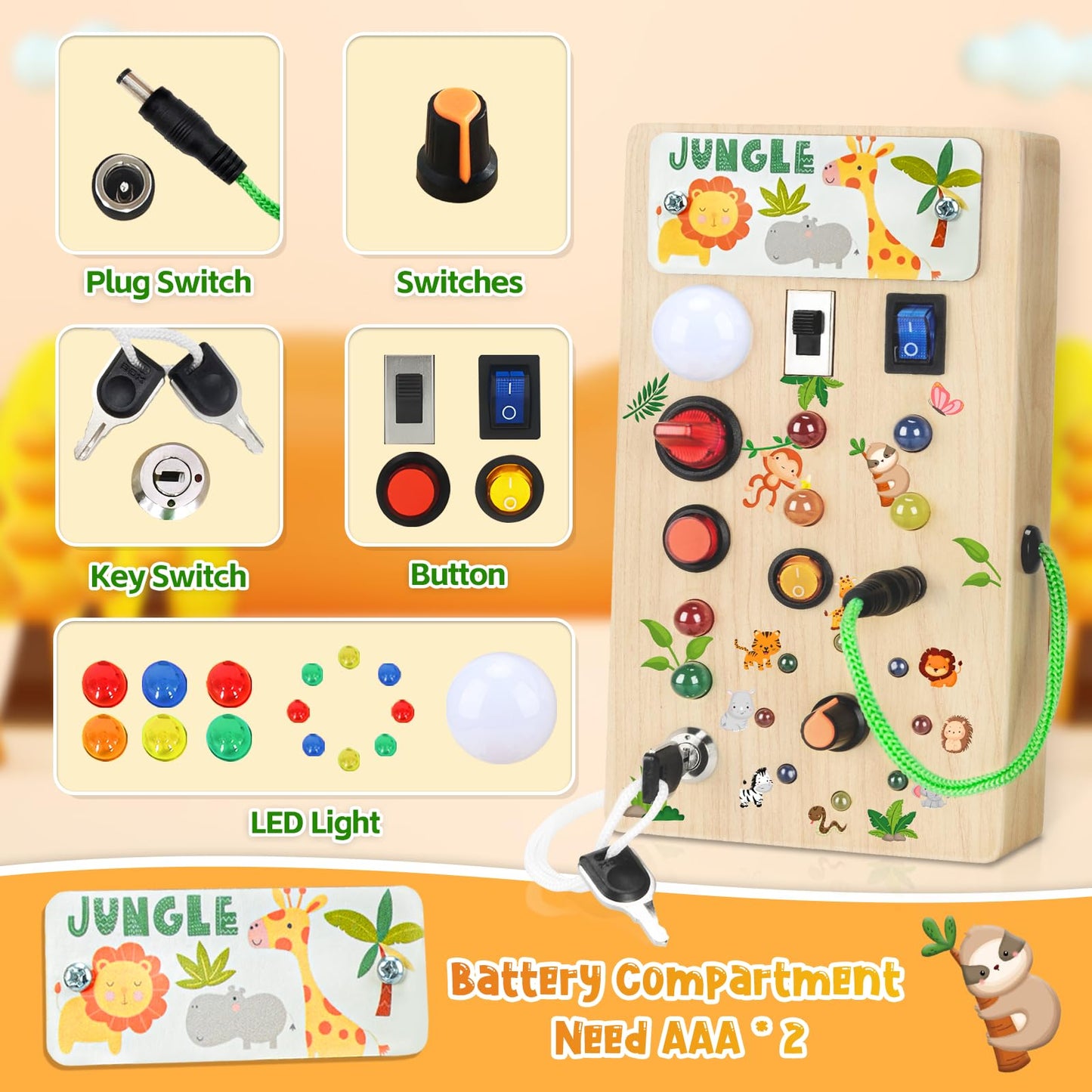 Arizona Busy Board for 1 year old and up, Montessori toy with LED lights, wooden activity board for boys and girls 1-4 years, perfect gifts for birthdays, Children's Day, and Christmas (Jungle theme).