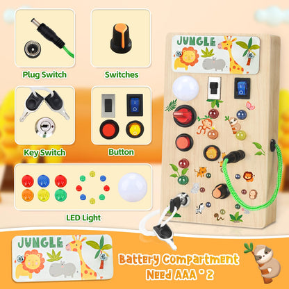 Arizona Busy Board for 1 year old and up, Montessori toy with LED lights, wooden activity board for boys and girls 1-4 years, perfect gifts for birthdays, Children's Day, and Christmas (Jungle theme).