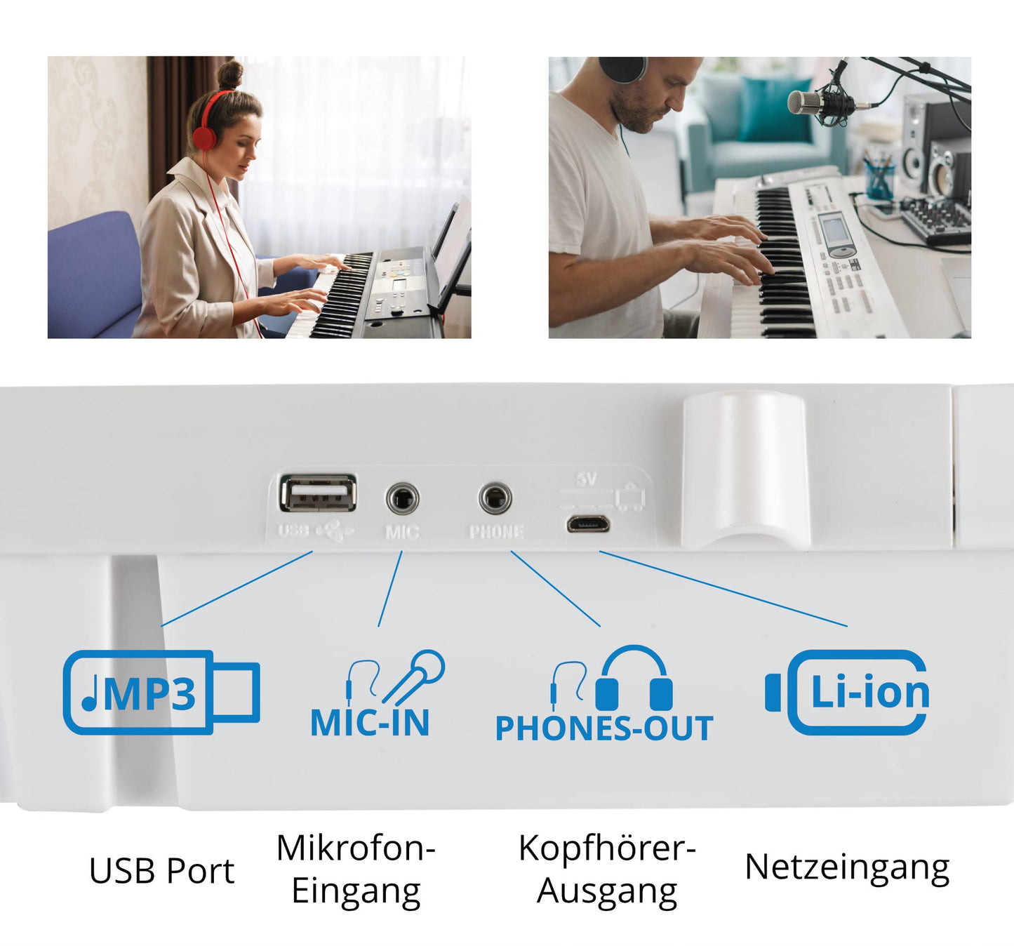 McGrey 6170 WH Battery Keyboard - 61 keys keyboard with built-in battery - 200 sounds and rhythms - MP3 player via USB stick - Accompaniment and learning function - Includes microphone - White