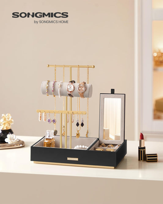 SONGMICS Jewelry Stand, Jewelry Holder, Earring Holder Metal, Jewelry Tray with Mirror, Jewelry Storage for Necklaces Bracelets Earrings Rings, Gift Idea, Gold-Black JJS022B01
