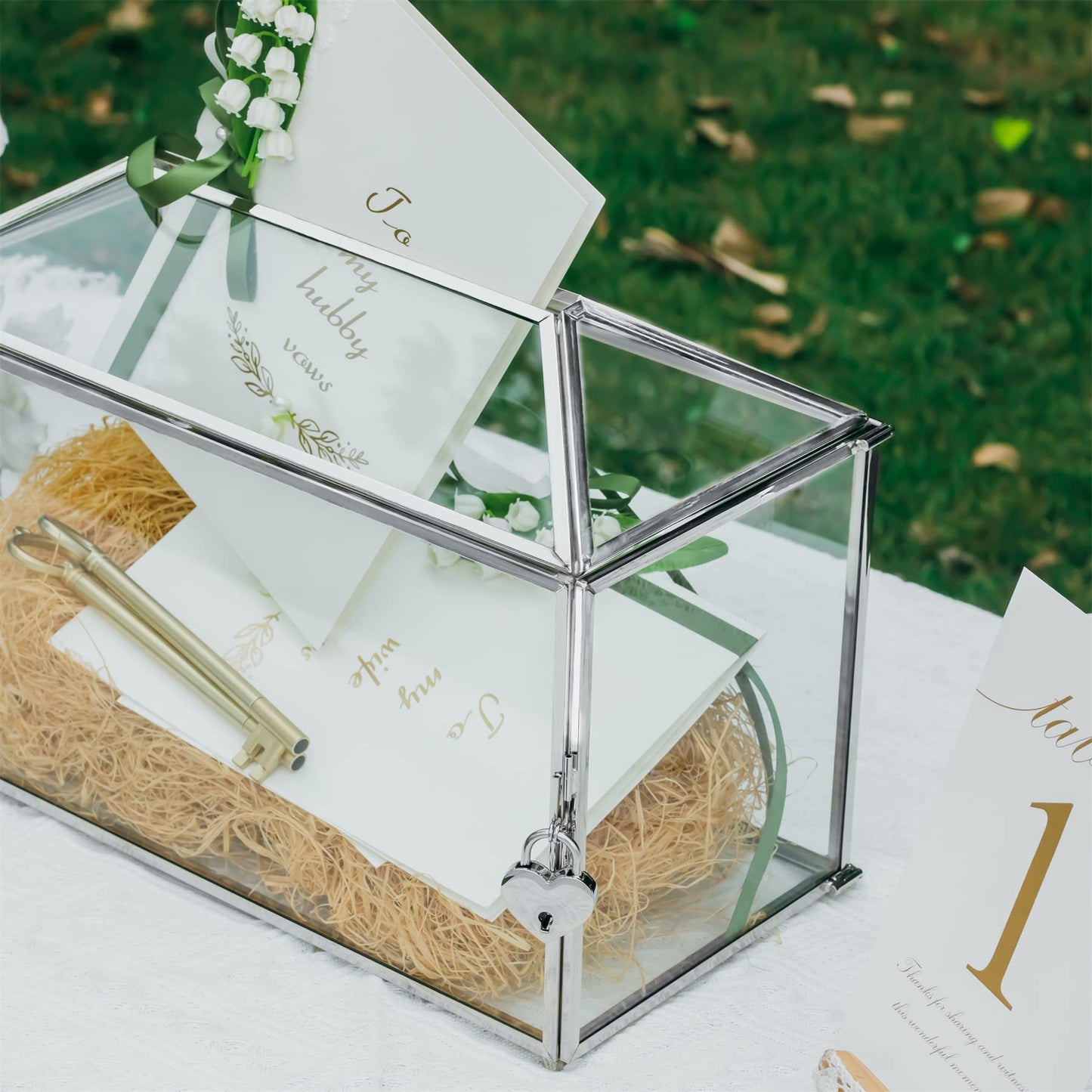 NCYP 32x15x23cm Silver Wedding Card Box made of glass with slot and lock. Handmade decoration for thank you cards, keepsakes, envelopes, terrarium (Glass box and lock only)