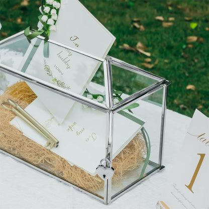 NCYP 32x15x23cm Silver Wedding Card Box made of glass with slot and lock. Handmade decoration for thank you cards, keepsakes, envelopes, terrarium (Glass box and lock only)