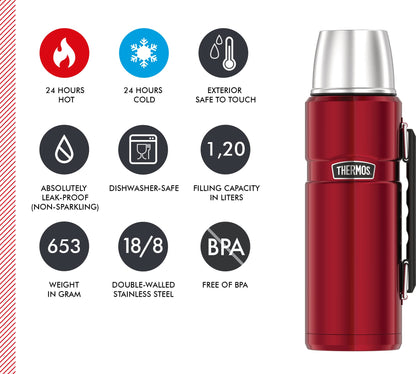 Thermos Stainless King Thermos Bottle red 1.2L - stainless steel, completely leak-proof, with drinking cup and handle, keeps drinks hot for 12h and cold for 24h, dishwasher safe, BPA-free.