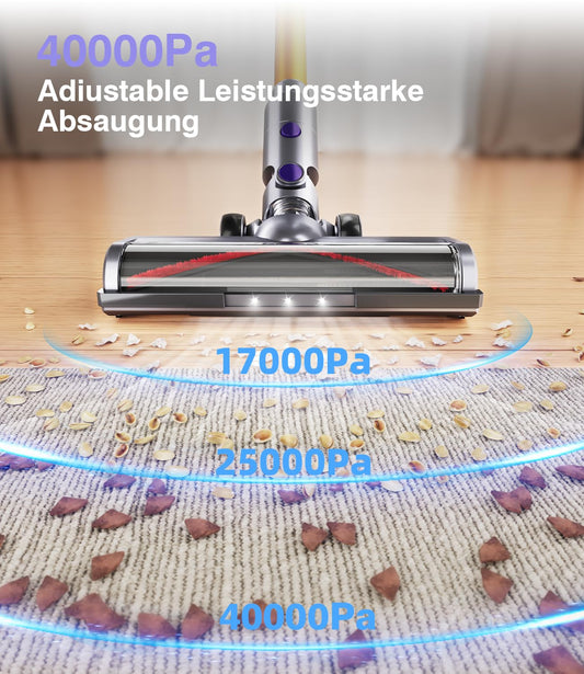 Cordless vacuum cleaner, 40000Pa/450W with smart display. Up to 50 minutes runtime. Comes with automatic mode and anti-tangle brush for carpets, hard floors, and pet hair.