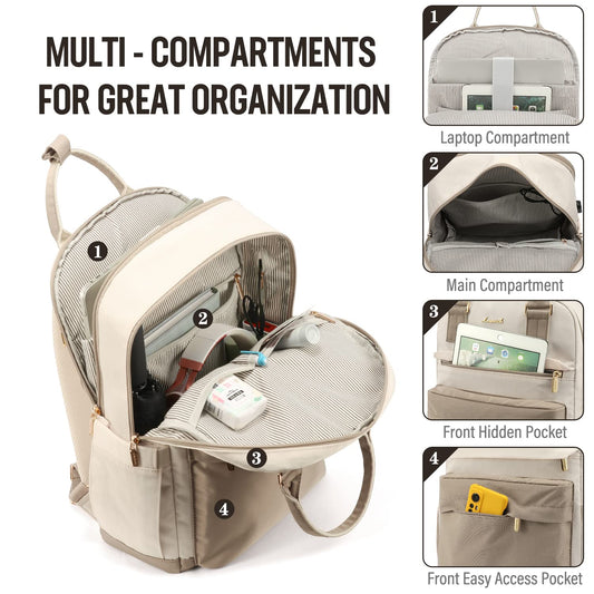 LOVEVOOK backpack for women, 15.6 inch laptop school backpack for girls teenagers with laptop compartment, waterproof school bag daypack elegant for school college travel work, khaki beige