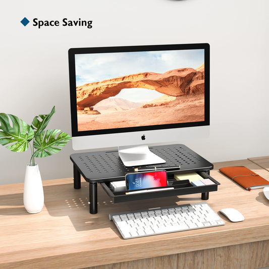 BONTEC Monitor Stand with Drawer, 3 Height Adjustable Monitor Riser for Desk with Mesh Platform for Monitor, Laptop, Computer, iMac, Printer up to 20 kg, Cable Ties Included