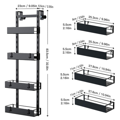 Orimade hanging shower caddy with hooks, adjustable shower shelf without drilling, 4 piece hanging shower basket for frameless glass door black.
