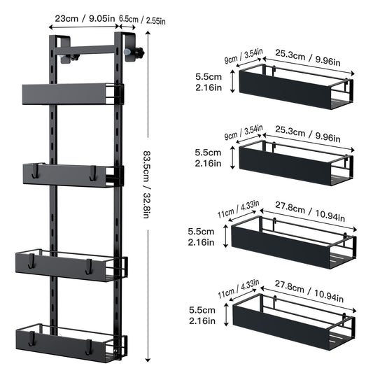 Orimade hanging shower caddy with hooks, adjustable shower shelf without drilling, 4 piece hanging shower basket for frameless glass door black.