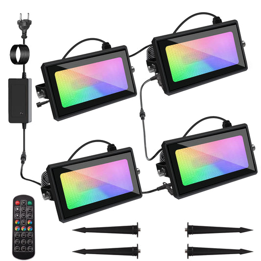 32W LED RGB floodlights with remote control, 13M 4 pack outdoor LED spotlights garden lighting dimmable with 13 modes, multicolor, IP65 waterproof floodlight for party garden lawn path outdoors
