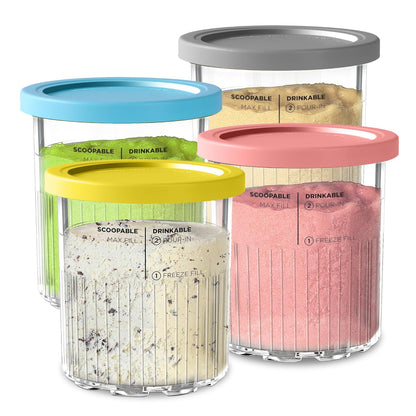 4-pack of Vione replacement Ninja Creami Deluxe Pints and Lids. 24 oz. pint containers compatible with NC501, NC500 series. BPA-free, dishwasher safe, assorted colors.
