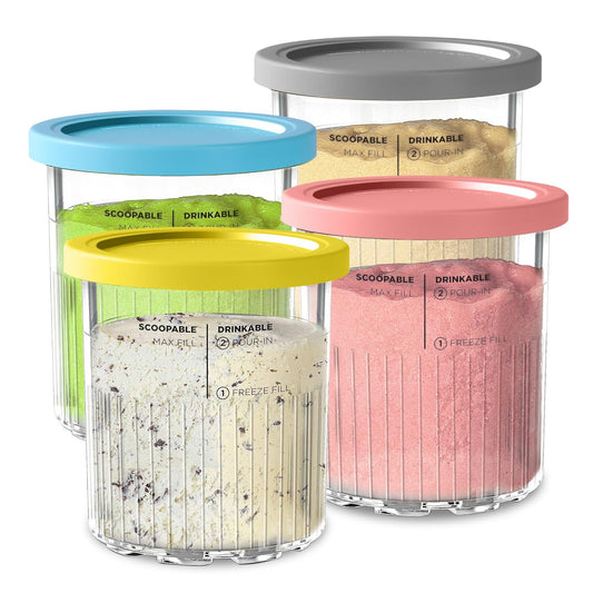 4-pack of Vione replacement Ninja Creami Deluxe Pints and Lids. 24 oz. pint containers compatible with NC501, NC500 series. BPA-free, dishwasher safe, assorted colors.