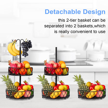 DUGEHO Fruit Stand 2-Tier Banana Holder Fruit Basket for More Counter Space - Storage for Fruits & Vegetables, Fruit Bowl, Fruit Stand (black)