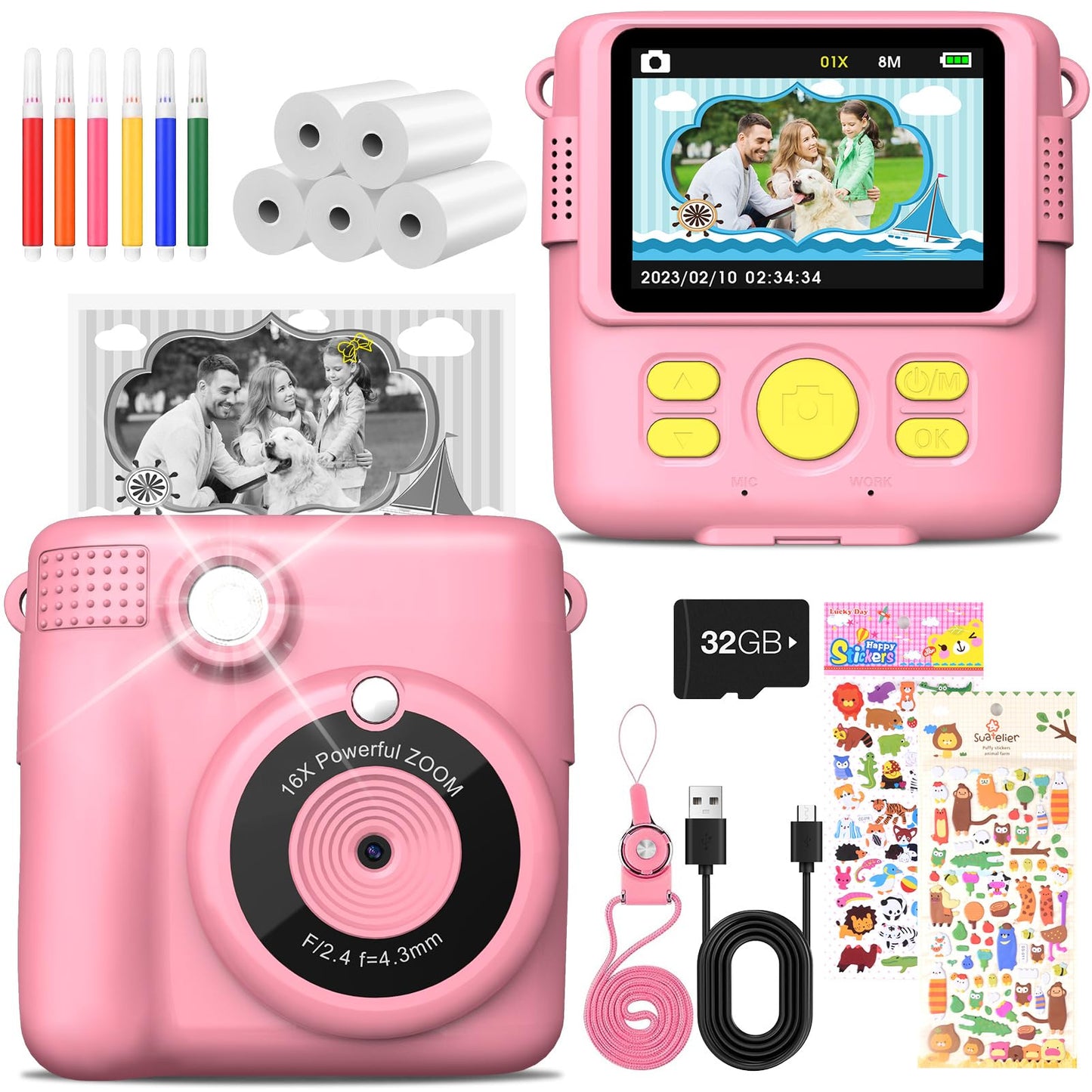 MILFECH Kids Camera Instant Camera, 1080P 2.4 Inch Screen Digital Camera for Kids with 5 rolls of printing paper, 32GB card, camera with 6 colored pens, 2 stickers. Perfect gift for kids (Pink)