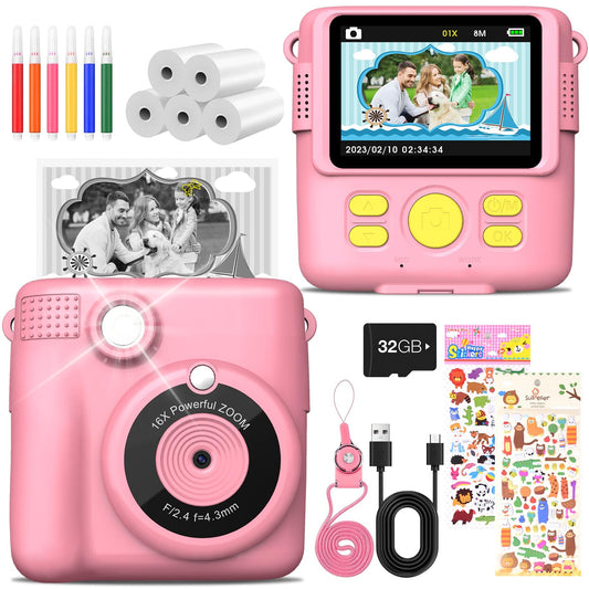 MILFECH Kids Camera Instant Camera, 1080P 2.4 Inch Screen Digital Camera for Kids with 5 rolls of printing paper, 32GB card, camera with 6 colored pens, 2 stickers. Perfect gift for kids (Pink)