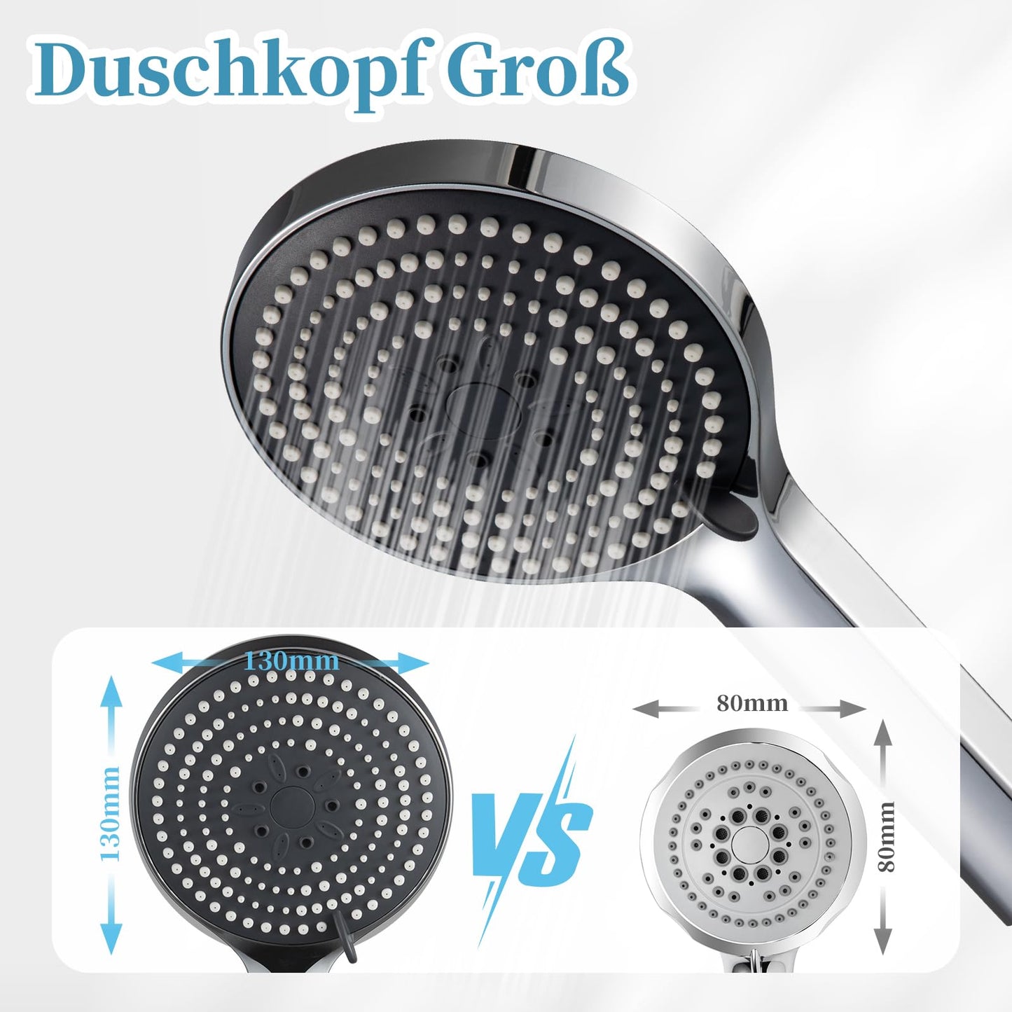 OFFO shower head with 1.6m hose, shower head with twist protection, large shower head with 6 spray modes, water-saving, chrome shower hose with head for bathing.