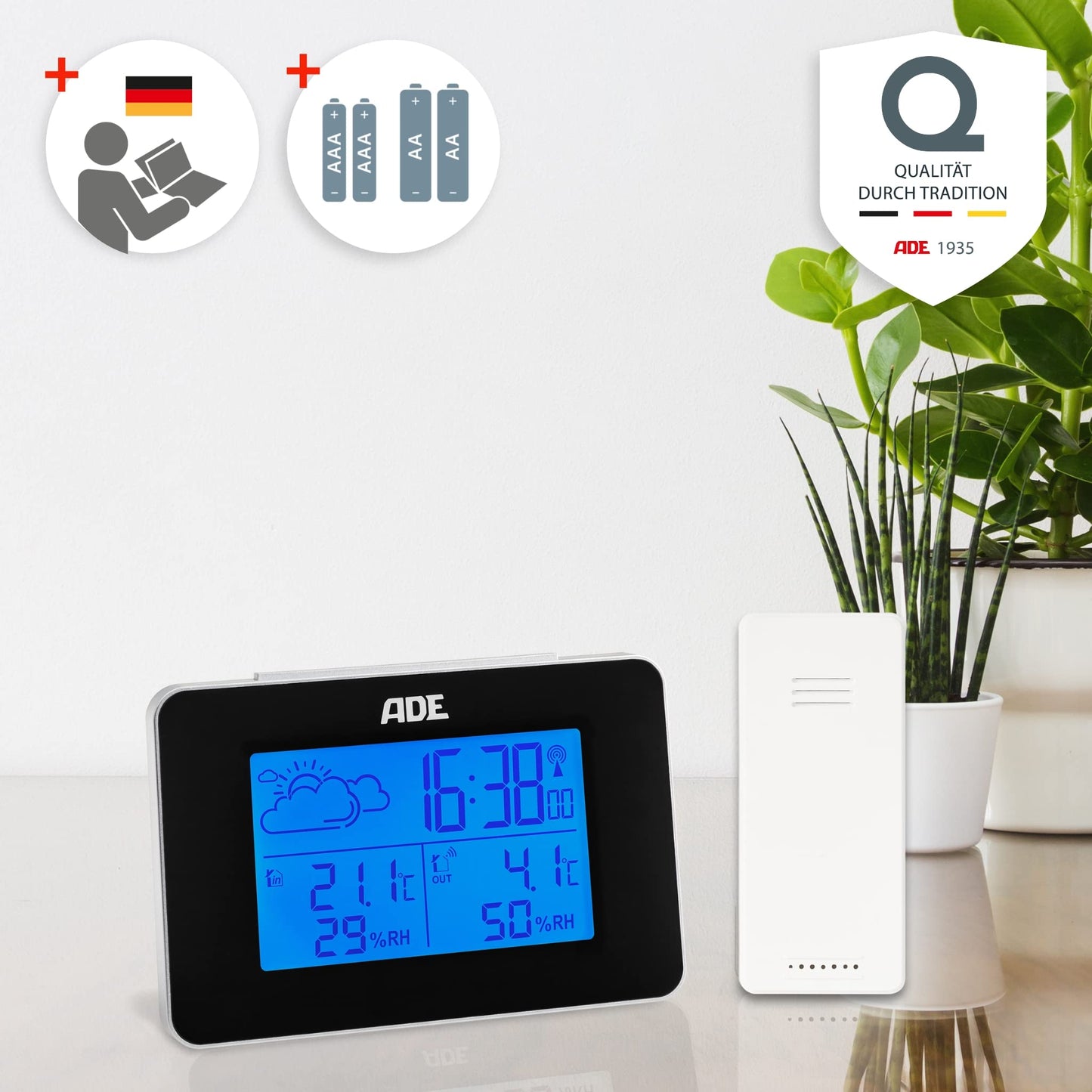 ADE Digital Weather Station with Wireless Outdoor Sensor | Indoor and Outdoor Temperature | Humidity Meter | Animated Weather Forecast | Radio Alarm Clock with Snooze Function | Black | Blue Backlight