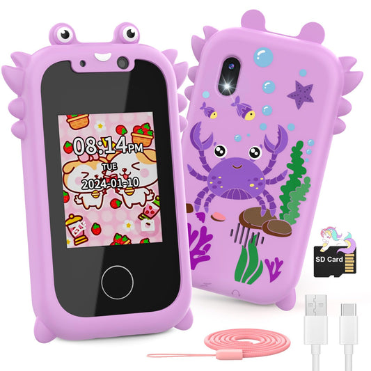 Ashfly Children's Mobile Phone, 2.4" Kids Smartphone with Touchscreen, 1080 HD Dual Camera, SD Card, 13 Games, Unicorn Gifts Toy for Kids aged 3-10, Purple.