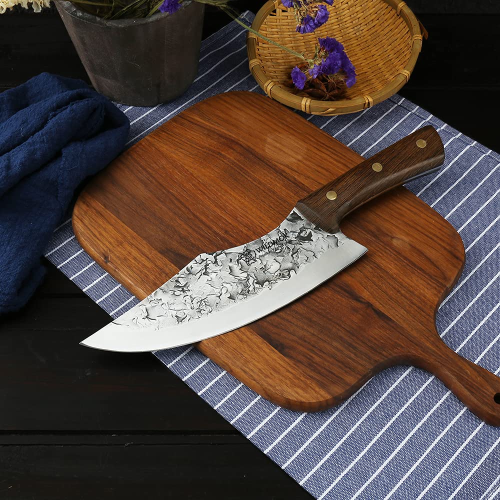WILDMOK Hand-forged Butcher Knife 19.5cm Meat and Vegetable Cleaver made of Carbon Steel Full Tang Chef's Knife for Kitchen, Camping, and BBQ.