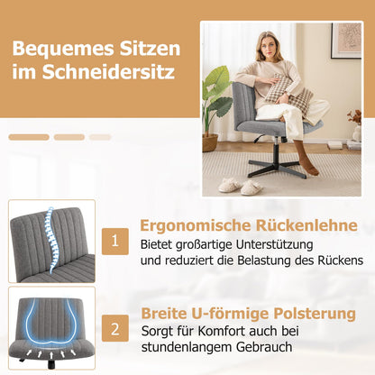 COSTWAY Tailor's Seat Chair, Swivel Chair without Armrests, Desk Chair with Wide Seat, Office Chair with Cross Base, Height Adjustable, Tilt Function, Modern (Gray)