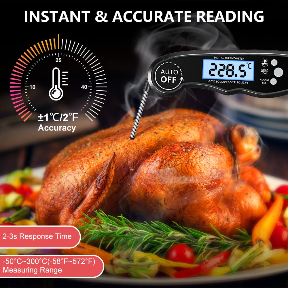 CIRYCASE Digital Meat Thermometer, Instant Read Roasting Thermometer Grill Thermometer, External Probe with 2 Long Probes & Magnet, Alarm Function, Kitchen Thermometer for BBQ, Oven.