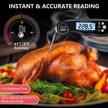 CIRYCASE Digital Meat Thermometer, Instant Read Roasting Thermometer Grill Thermometer, External Probe with 2 Long Probes & Magnet, Alarm Function, Kitchen Thermometer for BBQ, Oven.