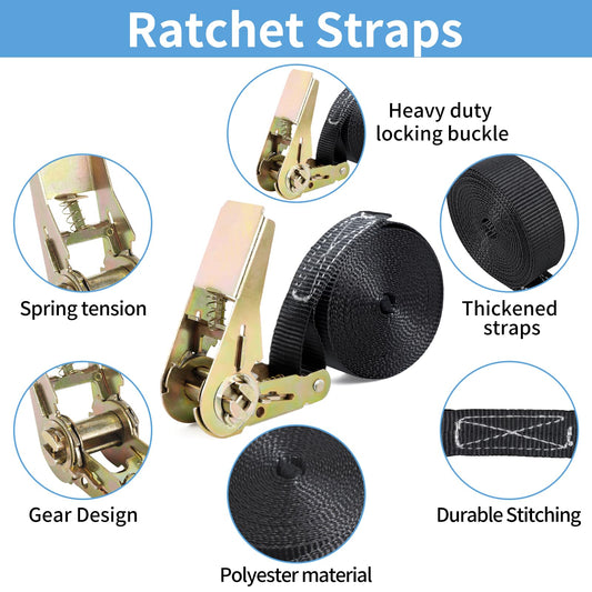 SVIPDDD Ratchet Tie Down Straps Set-6 Pieces 2M/4M/5M, webbing 25mm wide, load capacity up to 1000 kg, ratchet tie downs for motorcycle, bike, luggage & camping securement, tie down straps (Black)