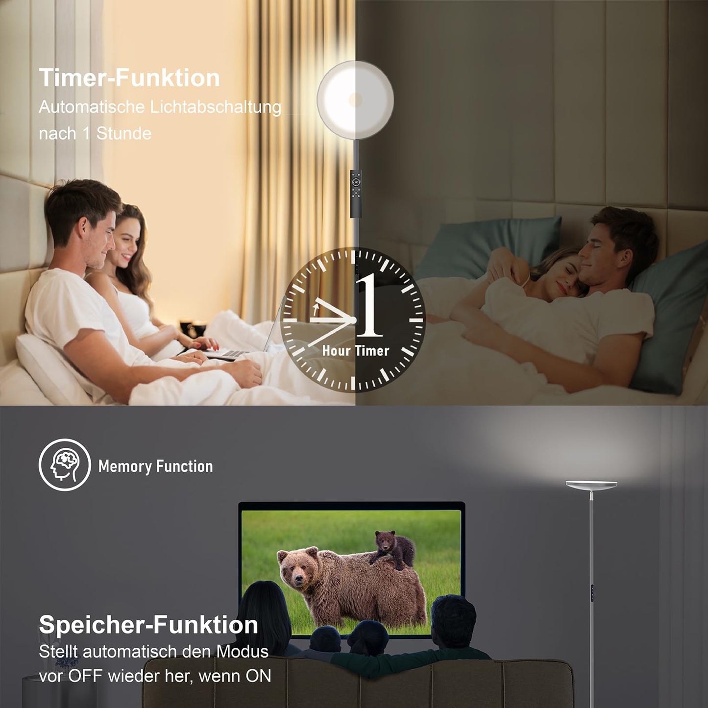 Anten LED floor lamp 30W, dimmable with 4 color temperatures, industrial standing lamp with touch & remote control, suitable for living room, bedroom, gray.